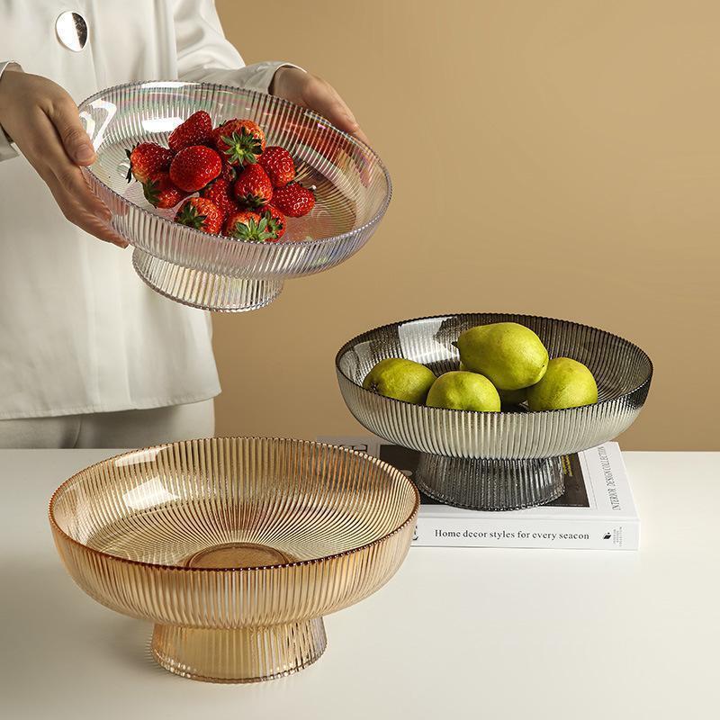 Eenvoudige en eenvoudige kleur verticaal patroon hoogbenig glazen fruitplaat